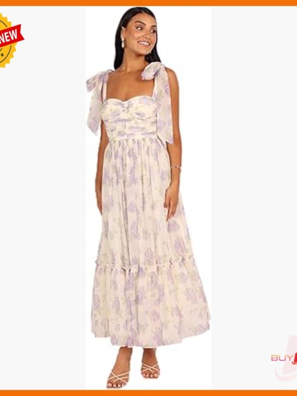 Lavender Floral Chiffon Midi Dress Sweetheart Neckline Padded Bust